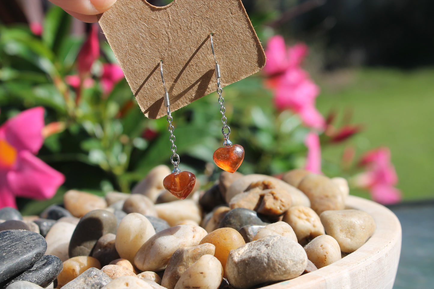 Carnelian Heart dangle Earrings w/ sterling posts