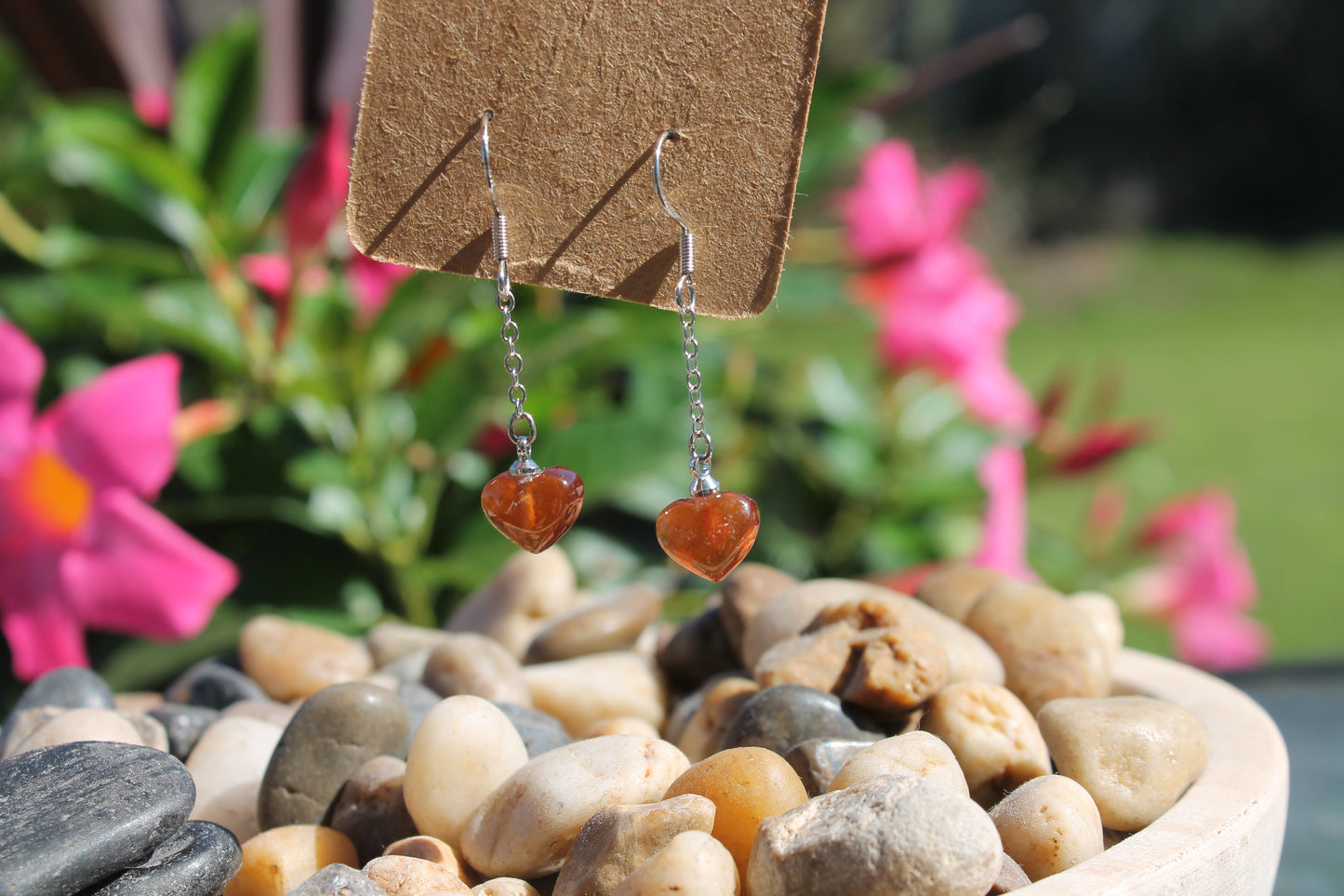 Carnelian Heart dangle Earrings w/ sterling posts