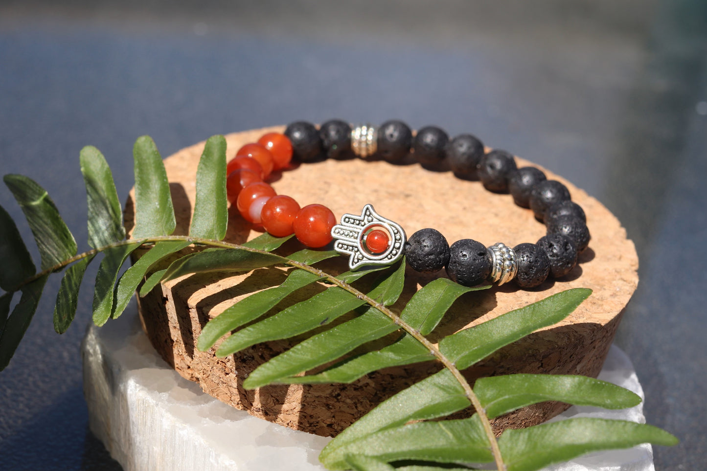 Lava Stone Bracelets with Hamsa - 8mm