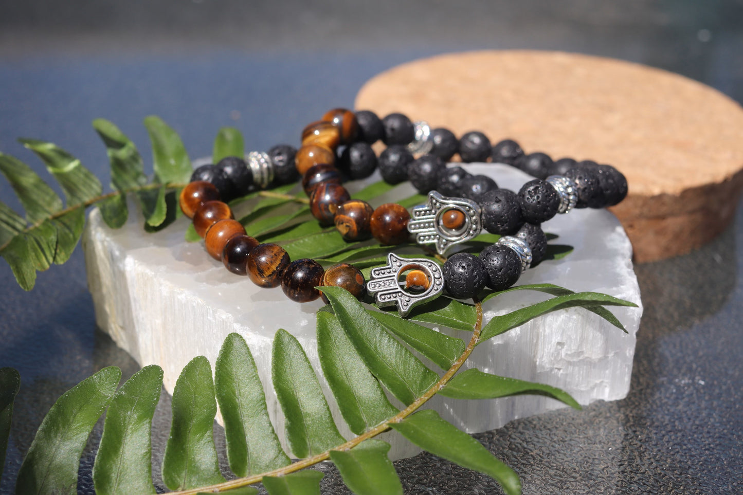 Lava Stone Bracelets with Hamsa - 8mm